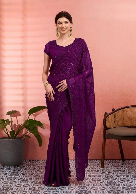 Purple Embroidered Tissue Saree Set — view on Indya