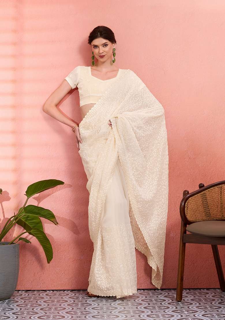 Off White Tissue Saree Set with Embroidered for Diwali | Wedding & Festive Wear - Indya