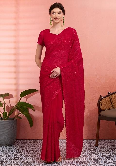 Red Embroidered Tissue Saree Set — view on Indya
