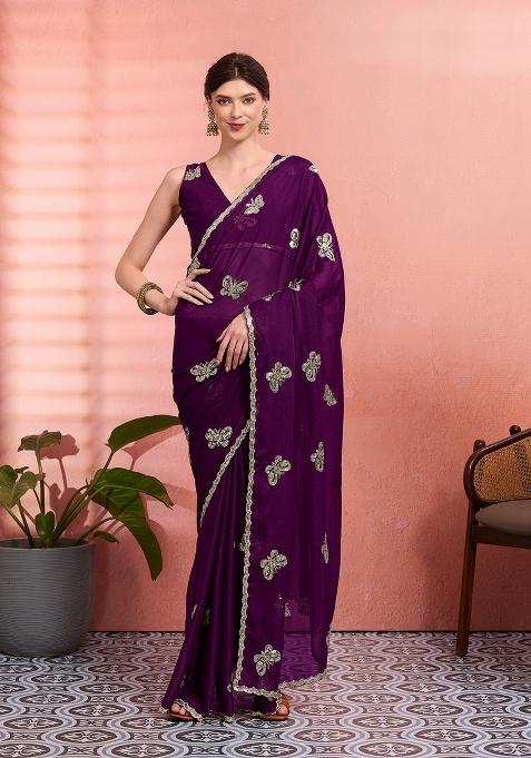 Purple Embellished Georgette Saree Set