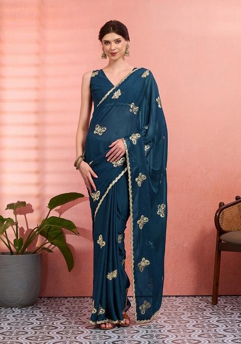 Teal Blue Embellished Georgette Saree Set