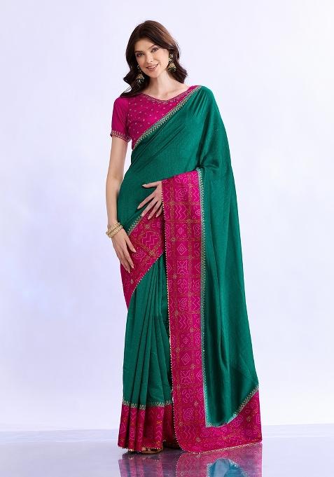 Teal Green Embellished Silk Saree Set