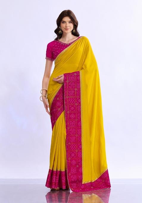 Yellow Embellished Silk Saree Set