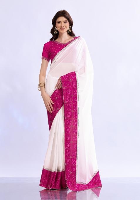 White Embellished Silk Saree Set