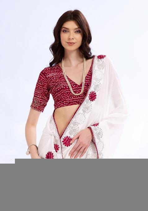 White Embellished Silk Saree Set