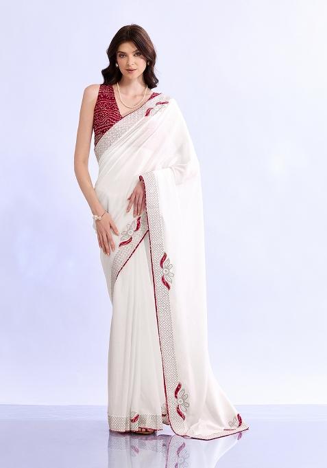 White Embellished Silk Saree Set — view on Indya