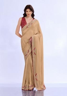 Beige Embellished Silk Blend Saree Set