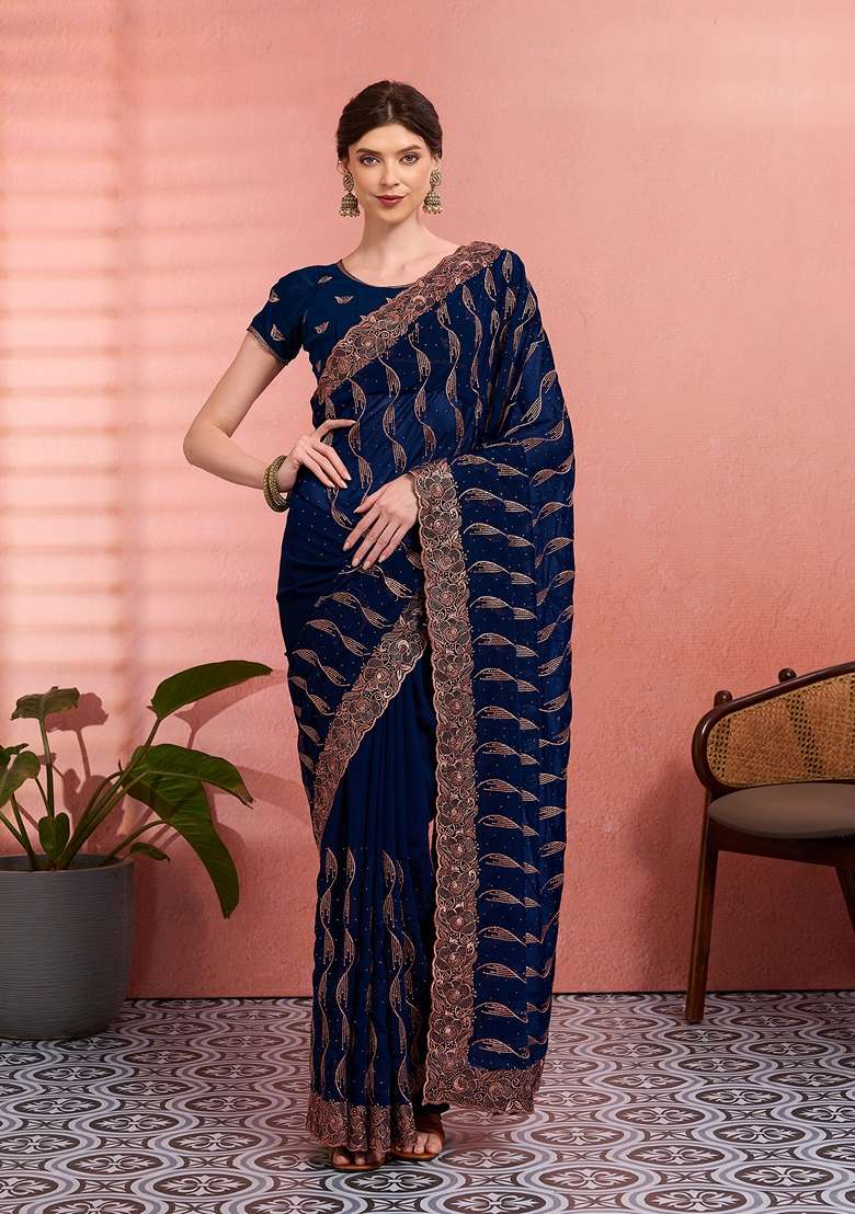 Teal Blue Georgette Saree Set with Embroidered for Diwali | Wedding & Festive Wear - Indya