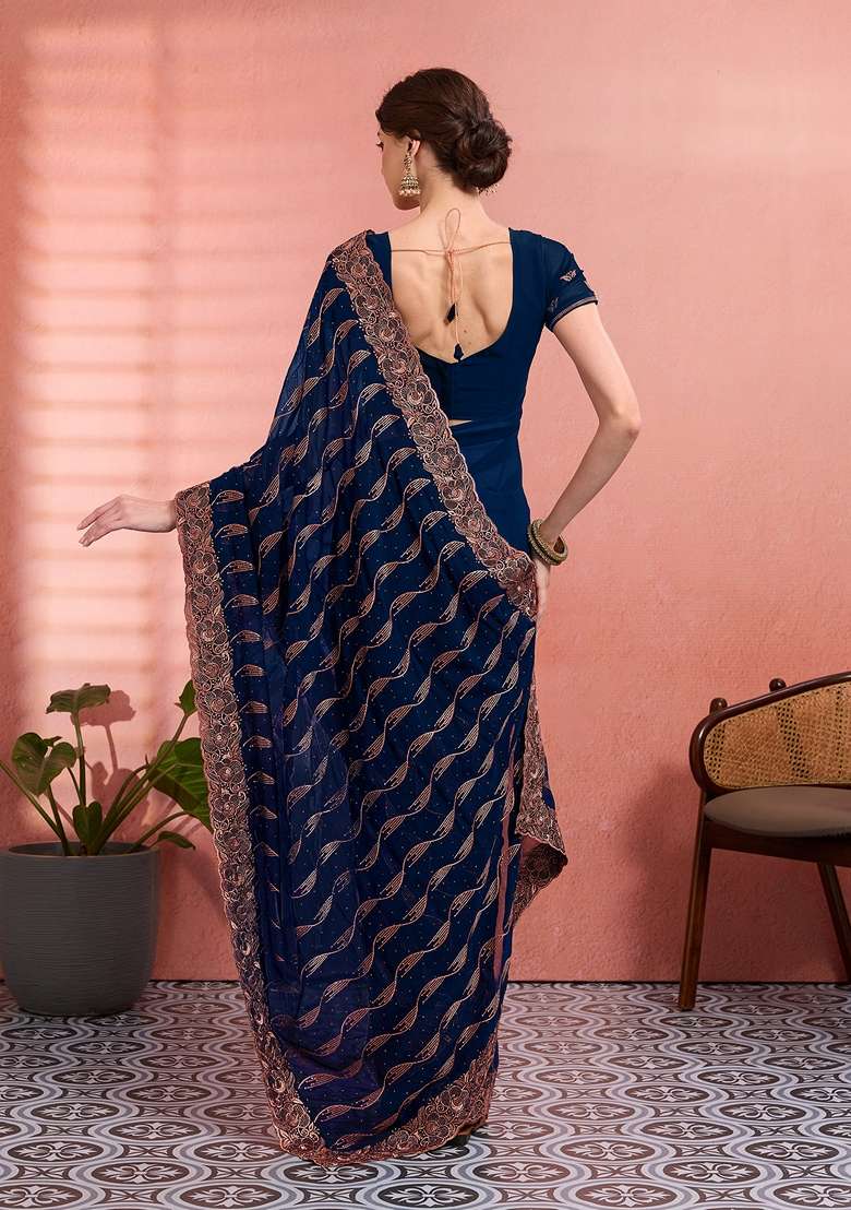 Teal Blue Georgette Saree Set with Embroidered for Diwali | Wedding & Festive Wear - Indya