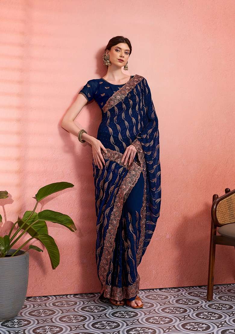 Teal Blue Georgette Saree Set with Embroidered for Diwali | Wedding & Festive Wear - Indya