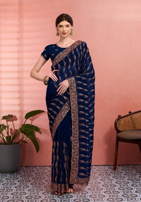 Teal Blue Embroidered Georgette Saree Set — view on Indya