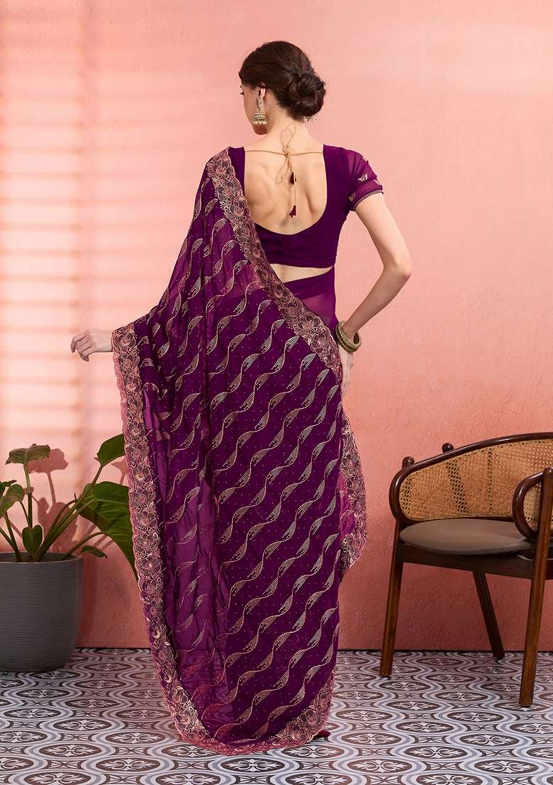 Purple Georgette Saree Set with Embroidered for Diwali | Wedding & Festive Wear - Indya