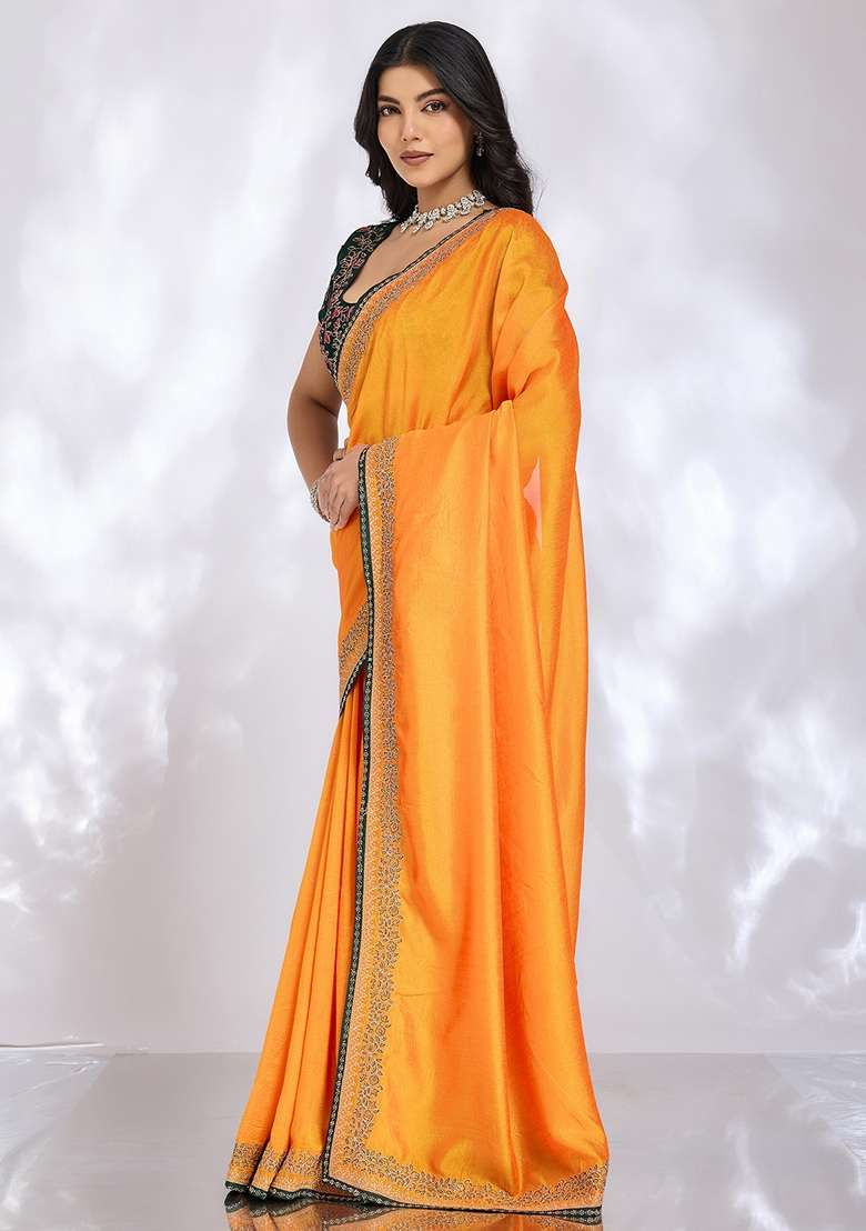 Yellow Embroidered Silk Blend Saree Set for Diwali and Festive Wear - Indya