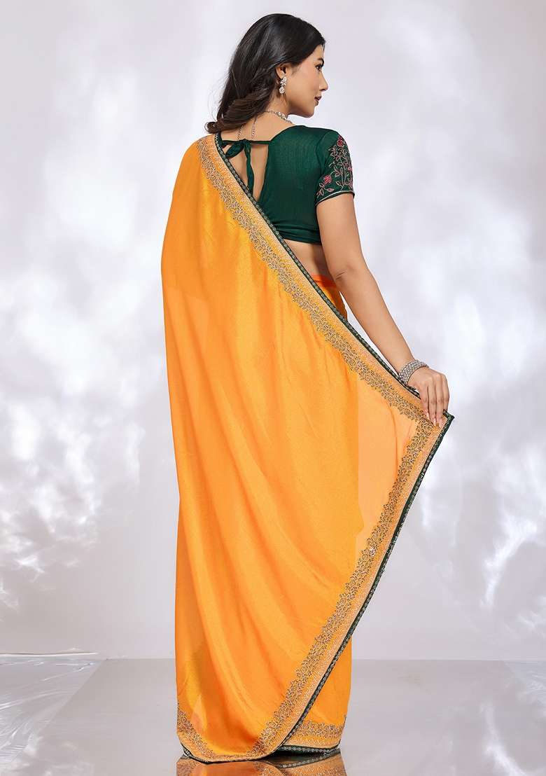 Yellow Embroidered Silk Blend Saree Set for Diwali and Festive Wear - Indya