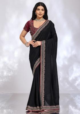 Black Embroidered Silk Blend Saree Set