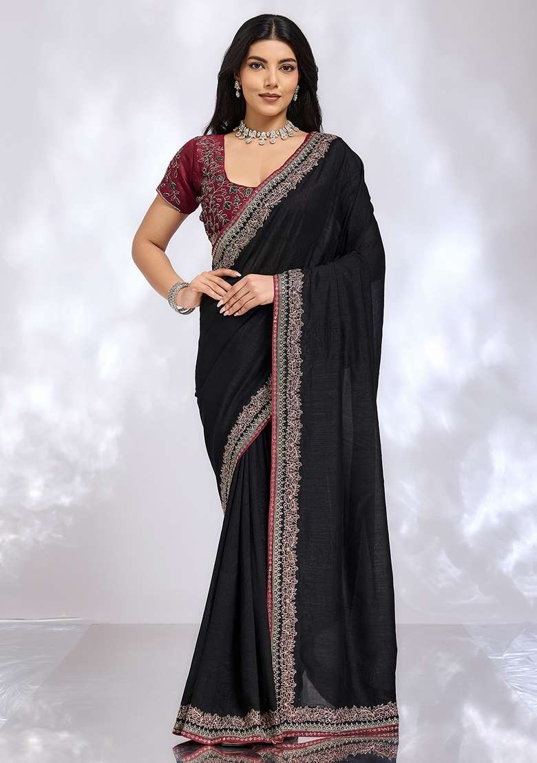 Black Embroidered Silk Blend Saree Set for Diwali and Festive Wear - Indya