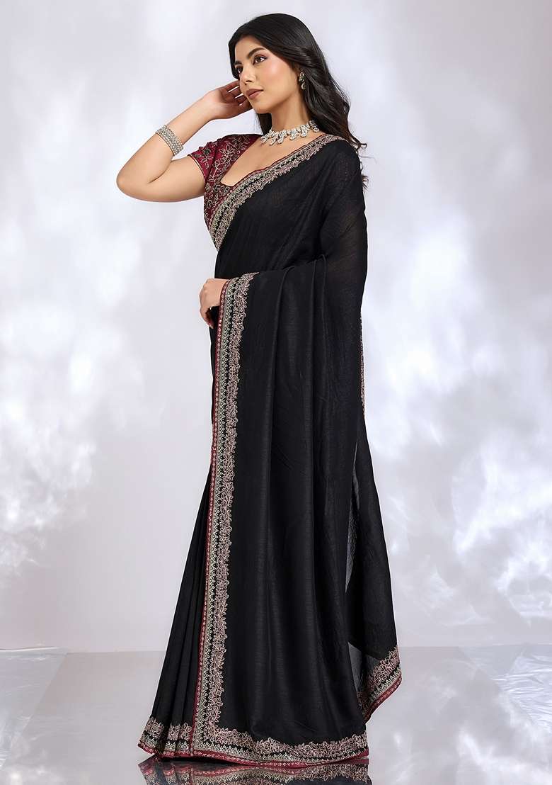 Black Embroidered Silk Blend Saree Set for Diwali and Festive Wear - Indya
