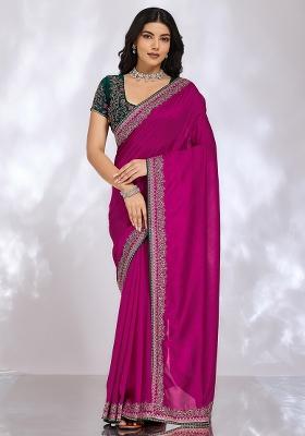 Magenta Embroidered Silk Blend Saree Set