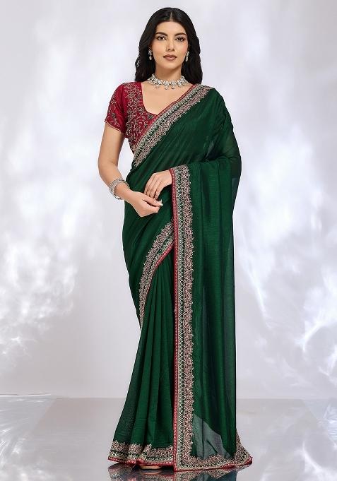 Green Embroidered Silk Blend Saree Set