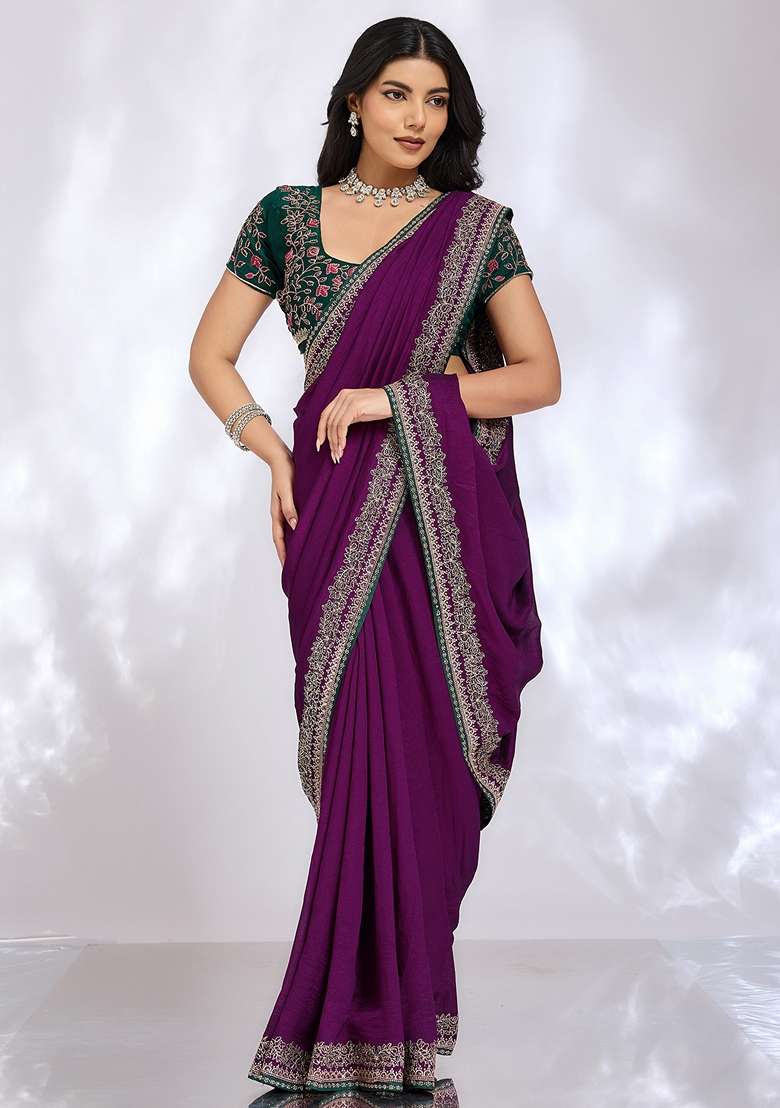 Purple Embroidered Silk Blend Saree Set for Diwali and Festive Wear - Indya