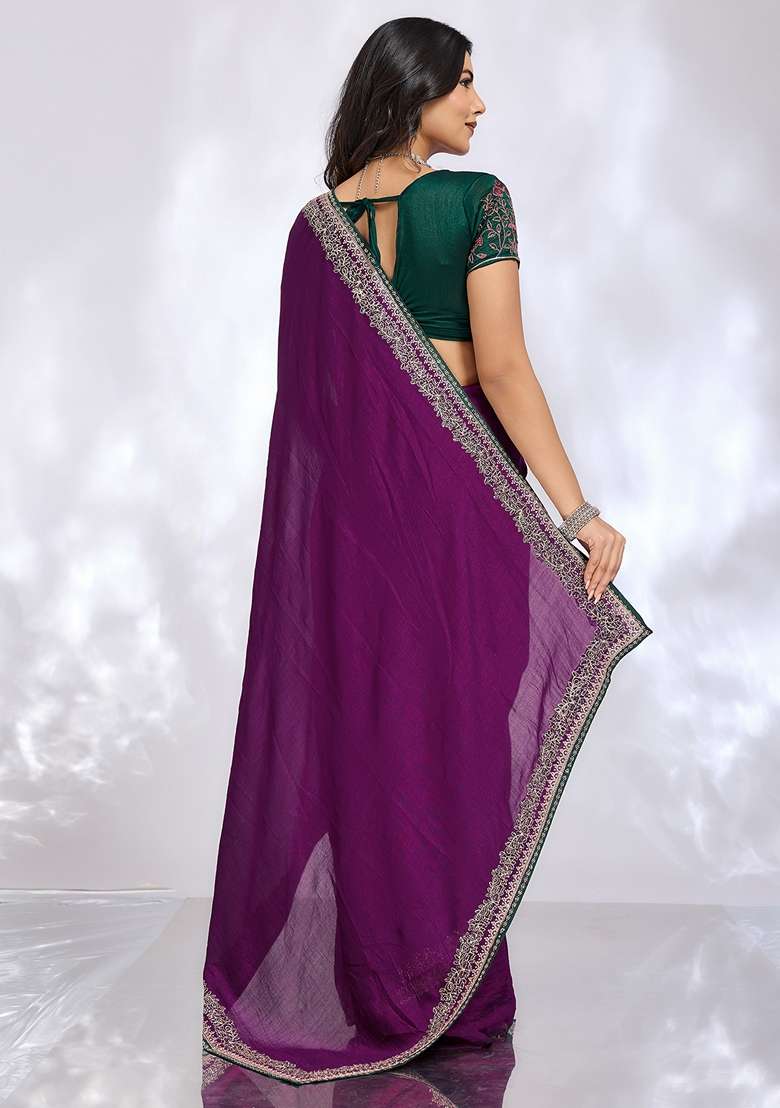 Purple Embroidered Silk Blend Saree Set for Diwali and Festive Wear - Indya