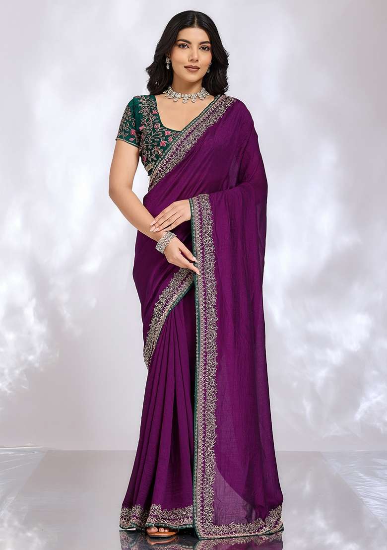 Purple Embroidered Silk Blend Saree Set for Diwali and Festive Wear - Indya