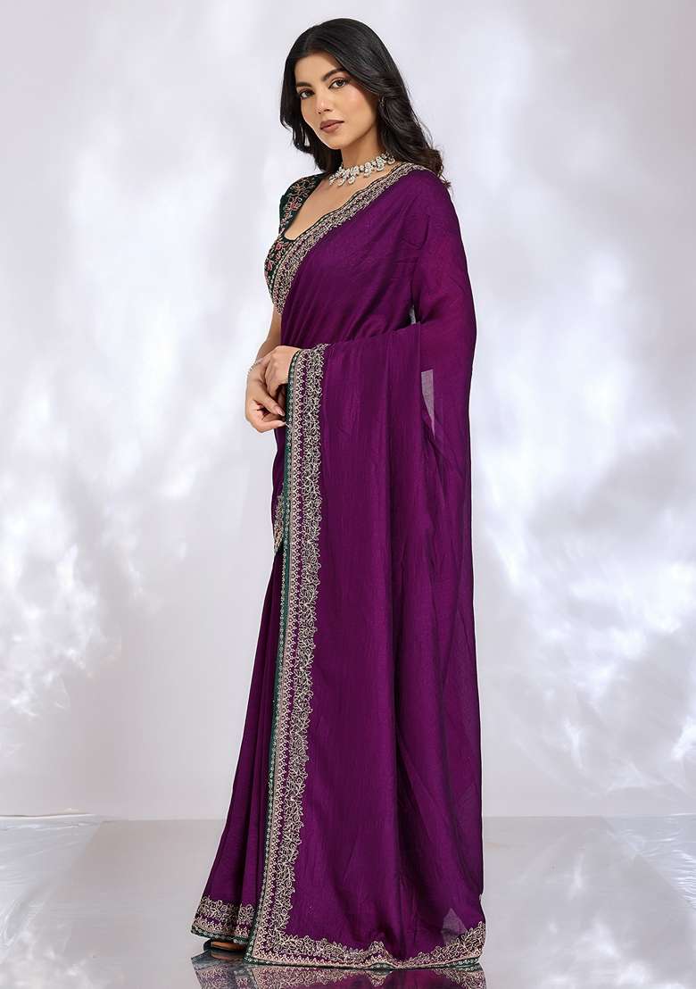 Purple Embroidered Silk Blend Saree Set for Diwali and Festive Wear - Indya
