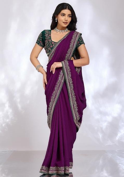 Purple Embroidered Silk Saree Set