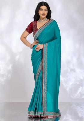 Light Blue Embroidered Silk Blend Saree Set