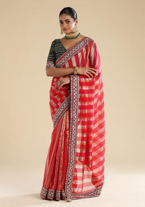 Red Embellished Organza Saree Set — view on Indya