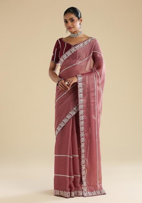 Mauve Embroidered Tissue Saree Set