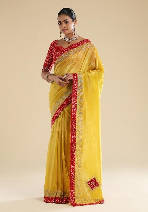 Yellow Embellished Tissue Saree Set