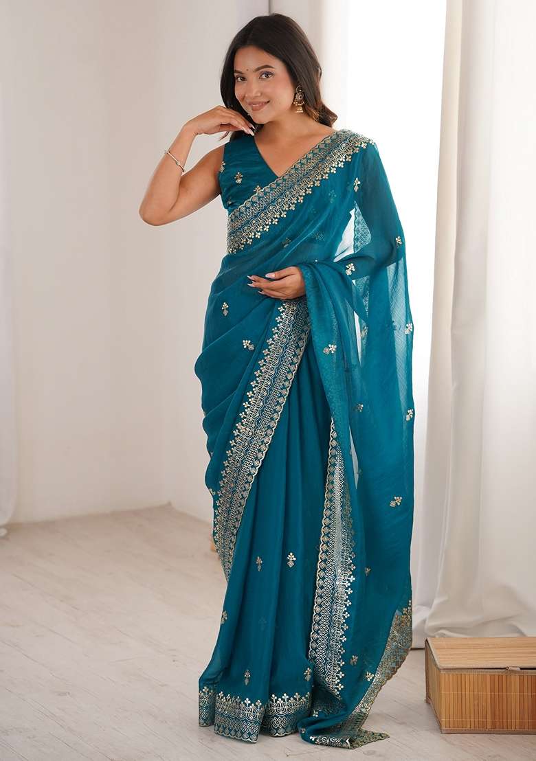 Teal Blue Embroidered Silk Blend Saree Set for Diwali and Festive Wear - Indya
