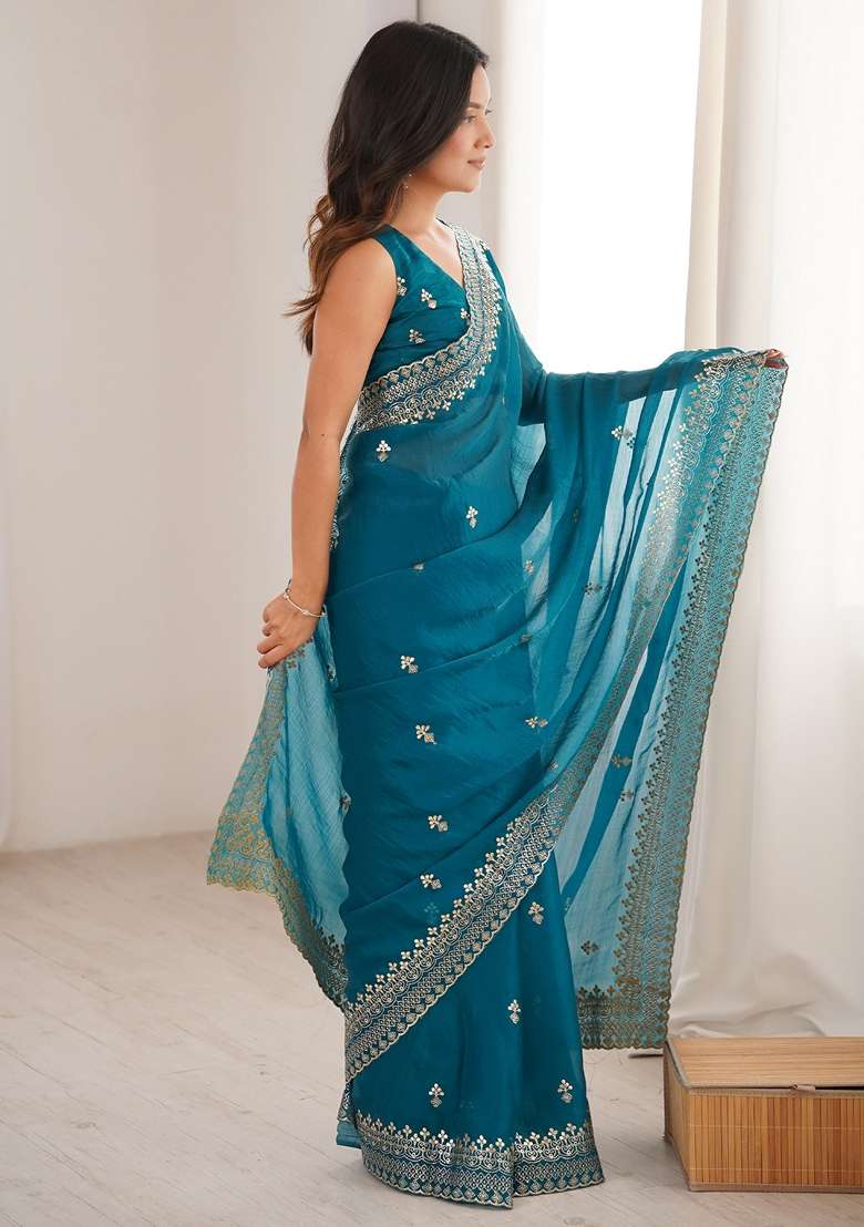 Teal Blue Embroidered Silk Blend Saree Set for Diwali and Festive Wear - Indya