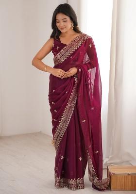 Burgundy Embroidered Silk Blend Saree Set