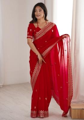 Red Embroidered Silk Blend Saree Set
