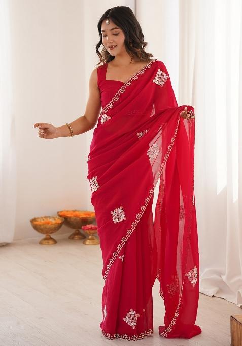 Red Embellished Tissue Saree Set