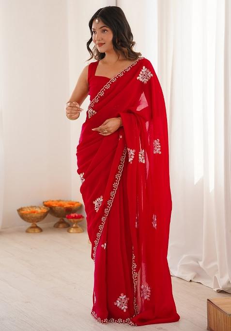 Red Embellished Tissue Saree Set — view on Indya