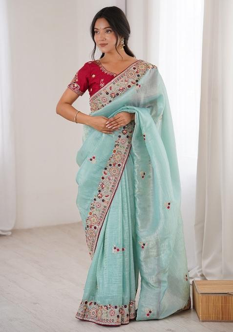 Light Blue Embellished Silk Blend Saree Set