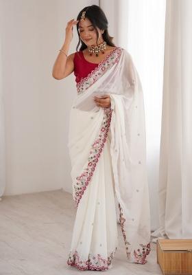 White Embroidered Georgette Saree Set
