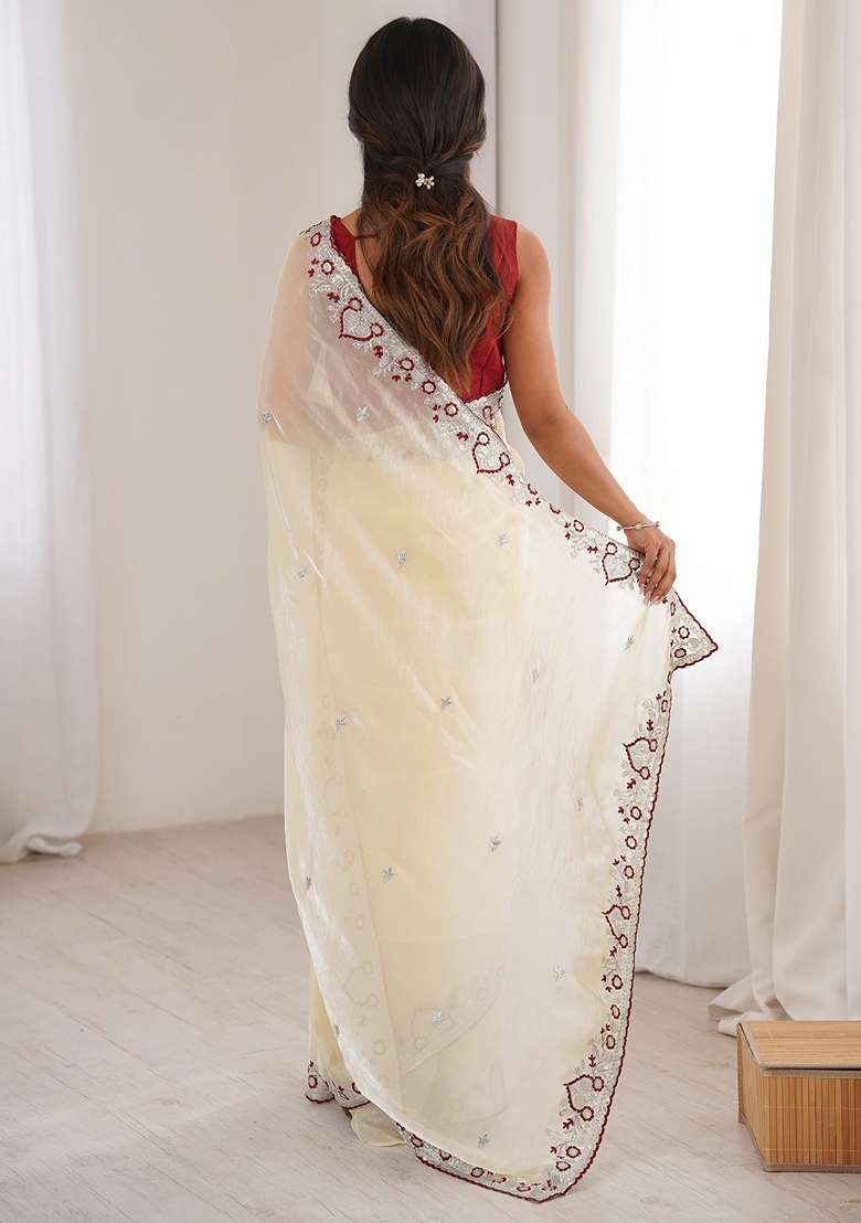 Off White Tissue Saree Set with Embroidered for Diwali | Wedding & Festive Wear - Indya