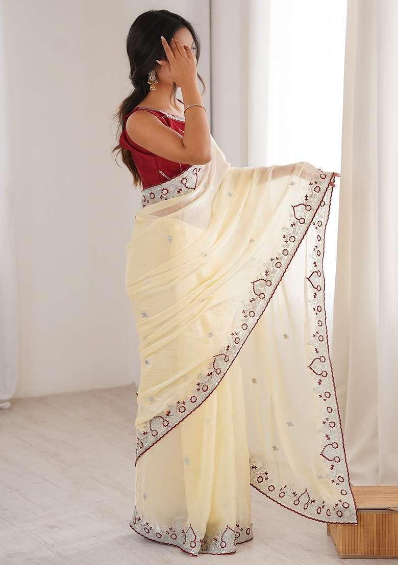 Off White Tissue Saree Set with Embroidered for Diwali | Wedding & Festive Wear - Indya