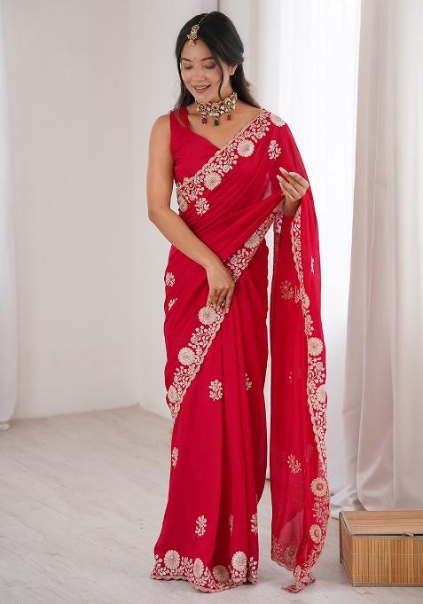 Pink Embellished Silk Saree Set