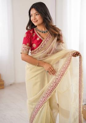 Cream Embellished Net Saree Set