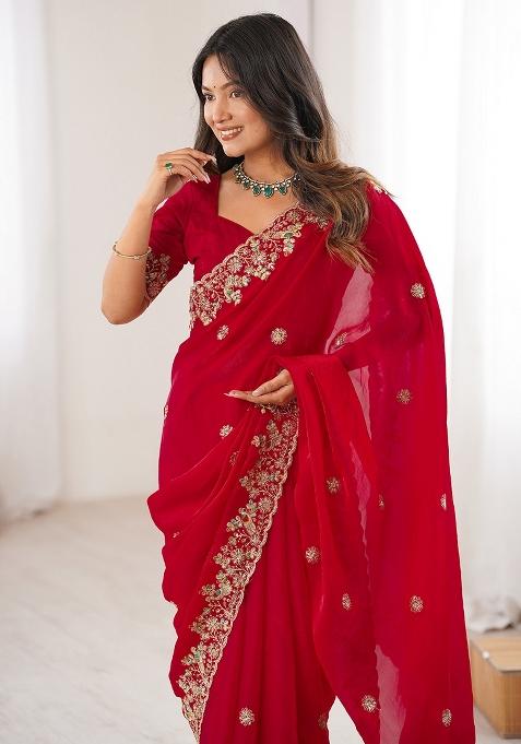 Red Embellished Georgette Saree Set
