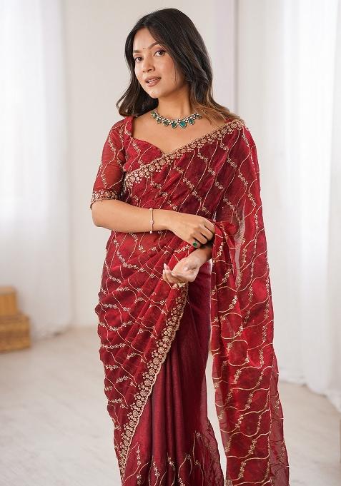 Maroon Embellished Chiffon Saree Set — view on Indya