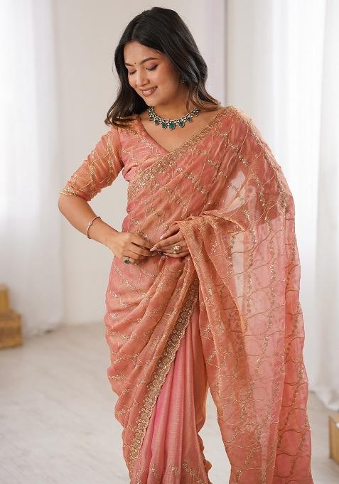 Peach Embellished Chiffon Saree Set — view on Indya