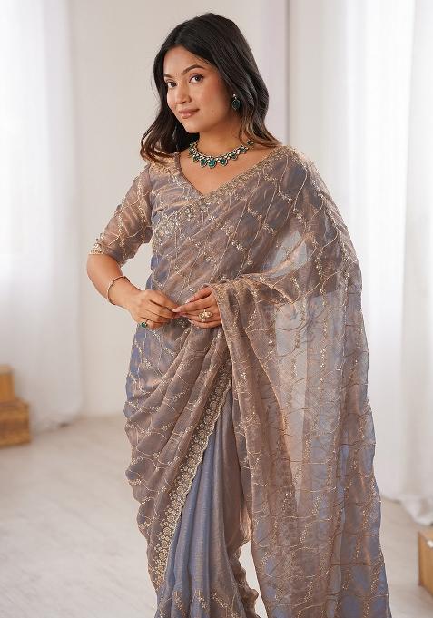 Metallic Embellished Chiffon Saree Set