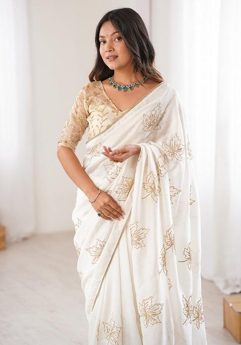 White Embellished Silk Saree Set