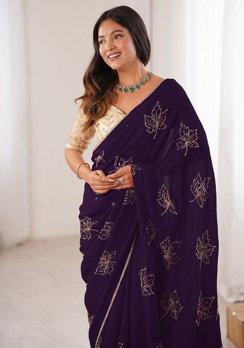Purple Embellished Silk Blend Saree Set